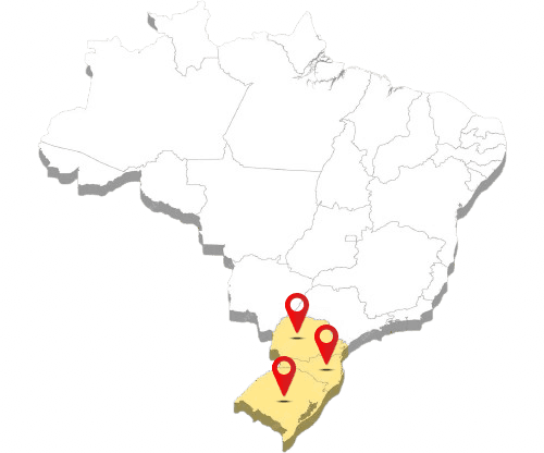 Mapa destacando a área de atuação em perícias de engenharia mecânica no Sul do Brasil, com marcadores em cidades estratégicas no Rio Grande do Sul, Santa Catarina e Paraná.