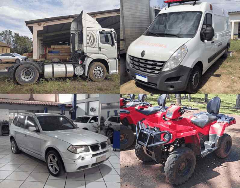 Montagem com imagens de caminhão, van, SUV BMW e quadriciclo, representando serviços de perícia em veículos, abrangendo análise de falhas, identificação de vícios ocultos e quilometragem adulterada.