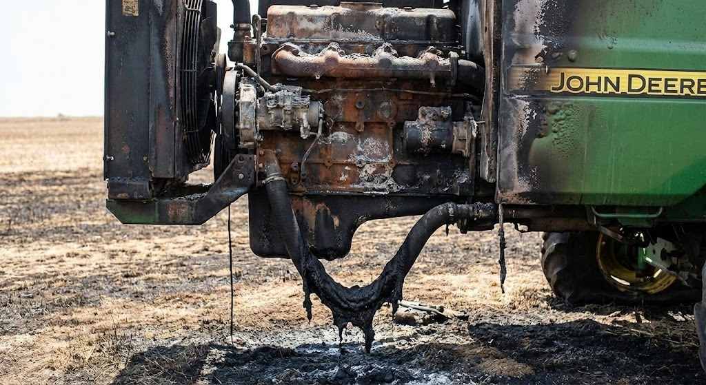 Detalhe de perícia em negativa de seguro em colheitadeira John Deere SLC na cidade de Salto do Jacuí/RS, evidenciando mangueira de óleo fundida por incêndio externo, prova técnica utilizada pela Bruxel Perícias para reverter negativa de seguro.