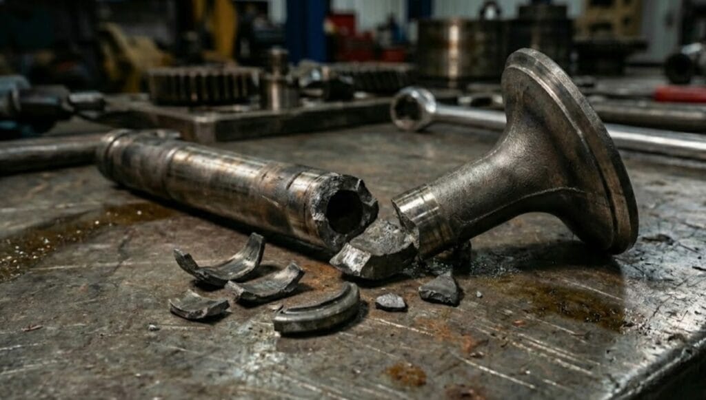 Fotografia macro de uma válvula de motor de caminhão quebrada ao meio e os fragmentos das travas sobre uma bancada de oficina, ilustrando um caso de vício oculto em motor de caminhão ocorrido na cidade de Ivoti/RS.