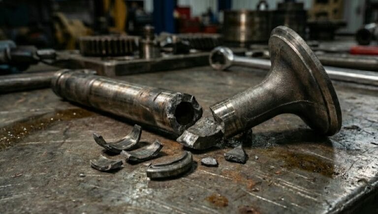 Fotografia macro de uma válvula de motor de caminhão quebrada ao meio e os fragmentos das travas sobre uma bancada de oficina, ilustrando um caso de vício oculto.
