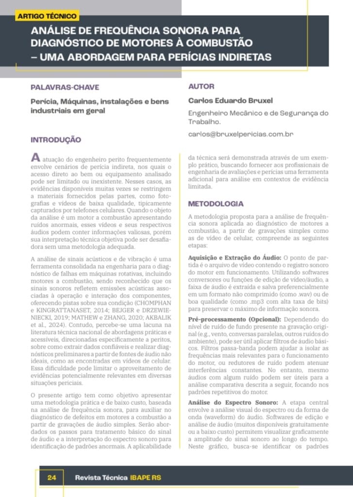 Artigo técnico sobre diagnóstico de motores publicado na Revista Técnica do IBAPE-RS pelo Eng. Carlos Bruxel.