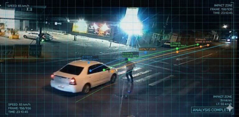 Interface de software de fotogrametria forense analisando vídeo de câmera de segurança (CCTV) de um acidente de trânsito com um carro branco, mostrando grade de medição, coordenadas e marcadores de velocidade.