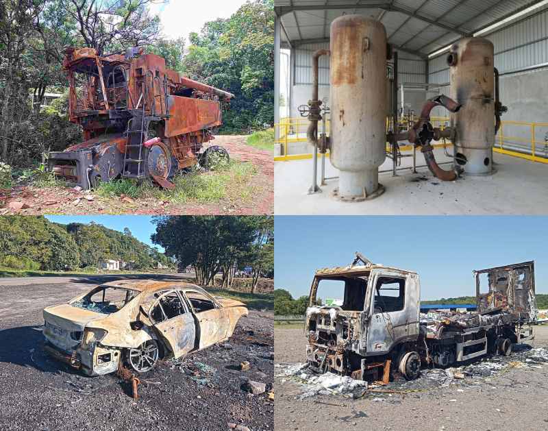 Montagem fotográfica demonstrando a expertise da Bruxel Perícias em Engenharia Forense: investigação de incêndio agrícola em Serafina Corrêa/RS, perícia em sinistro industrial em Triunfo/RS, investigação de incêndio veicular em Fontoura Xavier/RS e laudo técnico em caminhão incendiado na cidade de Estância Velha/RS.