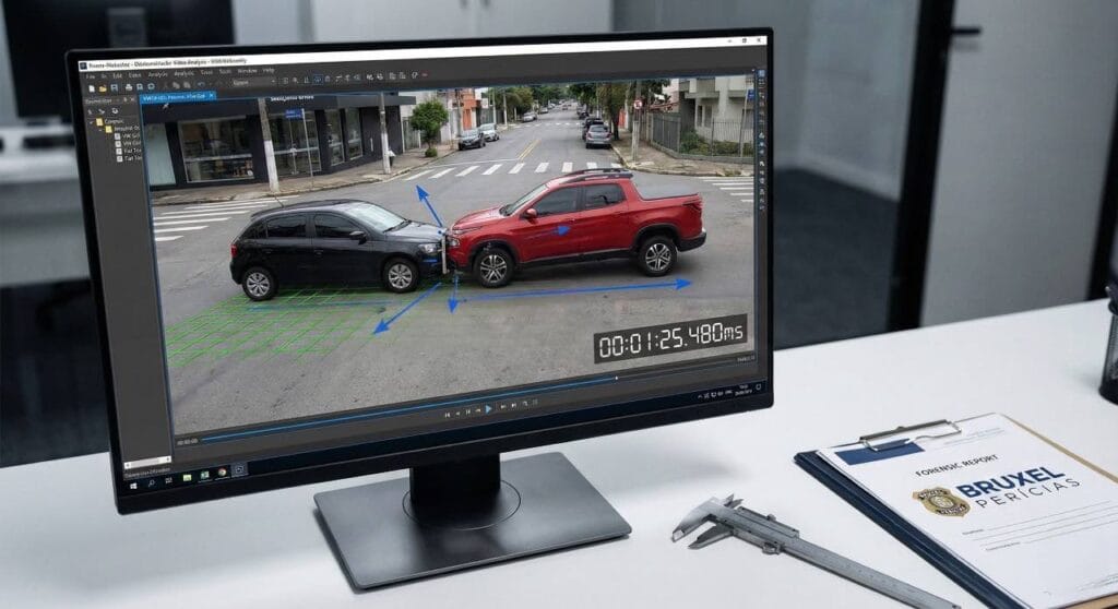 Interface de software de perícia em vídeo de acidente da Bruxel Perícias analisando vídeo de câmera de segurança (CFTV) em Novo Hamburgo/RS, mostrando grade de medição e cálculo de velocidade de acidente entre VW Gol e Fiat Toro.
