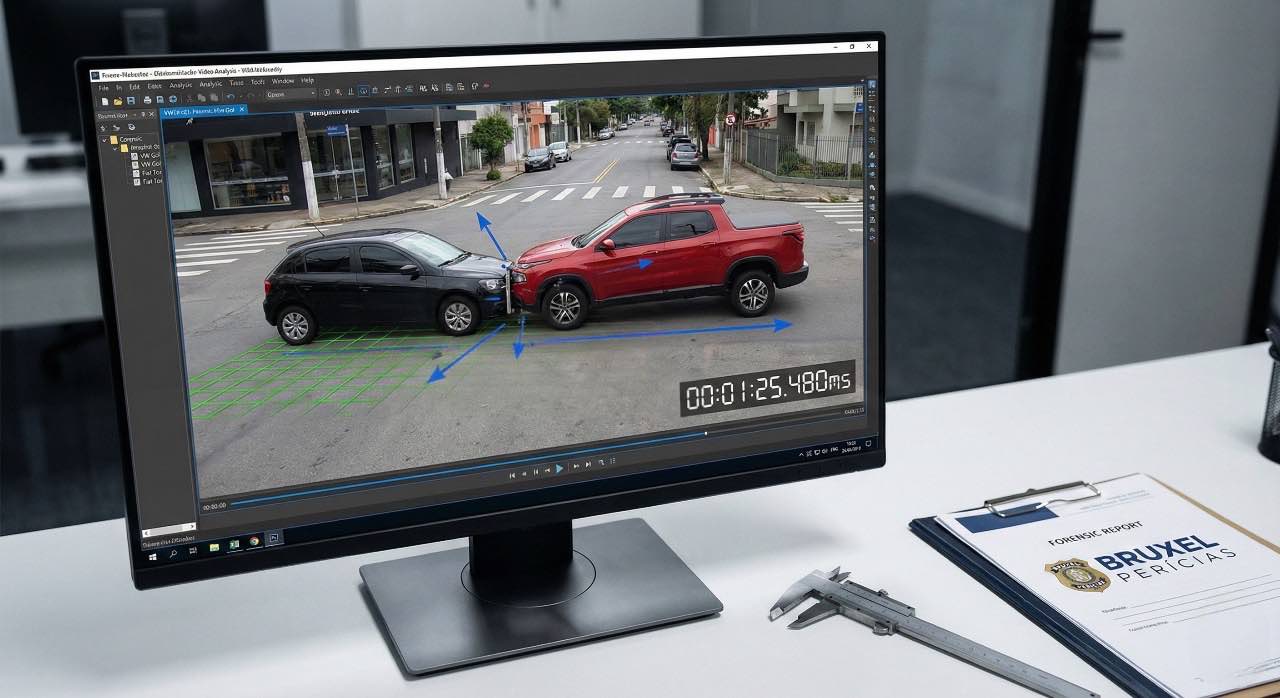 Interface de software de perícia em vídeo de acidente da Bruxel Perícias analisando vídeo de câmera de segurança (CFTV) em Novo Hamburgo/RS, mostrando grade de medição e cálculo de velocidade de acidente entre VW Gol e Fiat Toro.