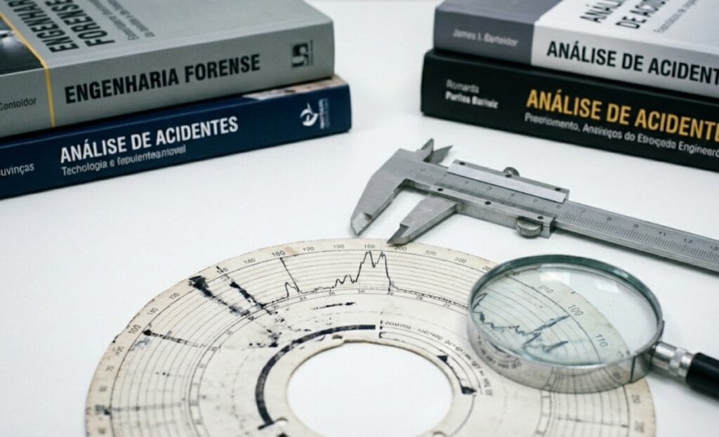 Análise de perícia em tacógrafo sobre mesa de engenharia com paquímetro e lupa, ilustrando o cálculo de velocidade real em caso de tombamento de caminhão para refutar excesso de velocidade, realizado na cidade de Santo Antônio da Patrulha/RS.