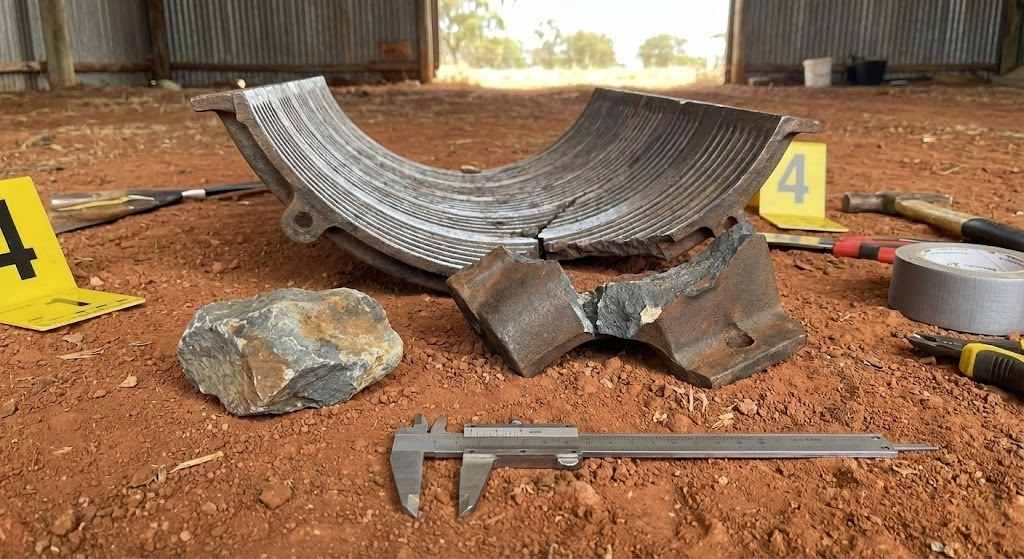 Fotografia técnica detalhando os danos internos após a ingestão de pedra em colheitadeira no município de Catuípe RS.
