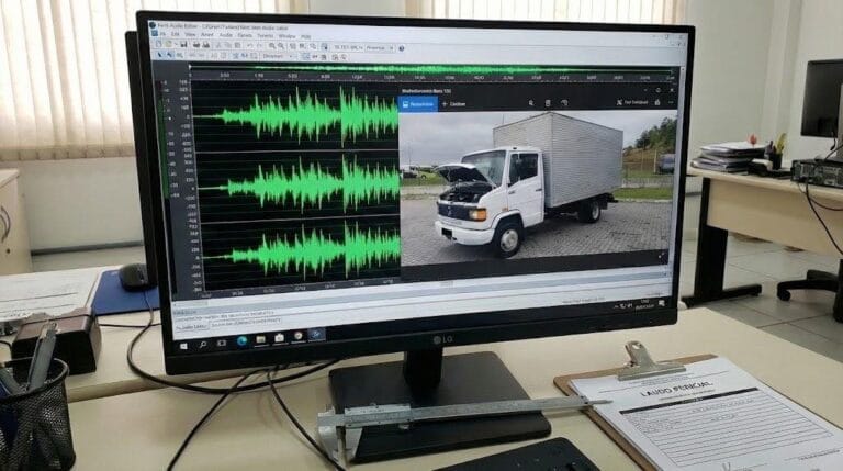 Interface de software de análise de áudio em perícia em motor diesel demonstrando ondas sonoras de falha mecânica em caminhão Mercedes-Benz em Novo Hamburgo RS.