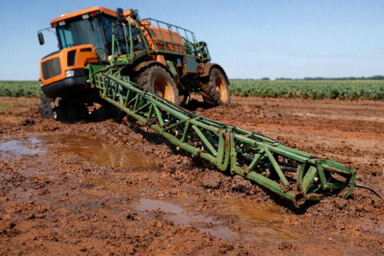 Perícia em pulverizador agrícola analisando a estrutura da barra danificada por efeito pendular em Trindade do Sul RS.