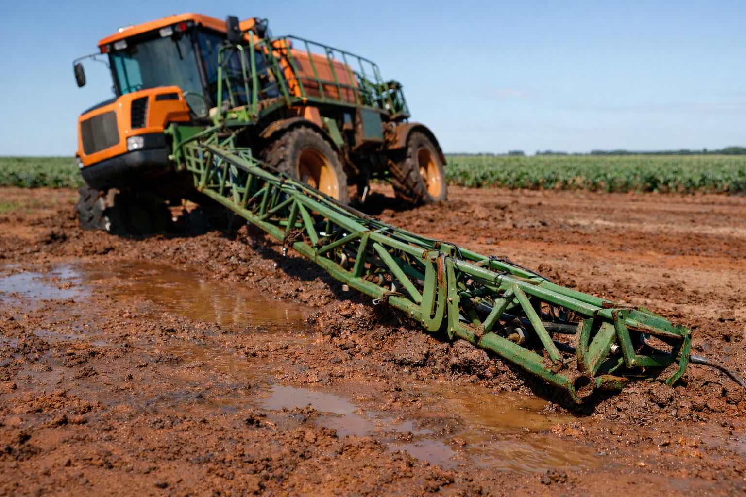 Perícia em pulverizador agrícola analisando a estrutura da barra danificada por efeito pendular em Trindade do Sul RS.