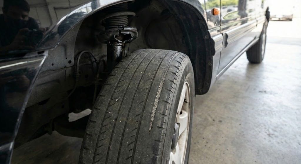 Detalhe técnico de pneu careca e suspensão danificada revelando um caso grave de vício oculto em carro usado no Vale do Sinos RS.