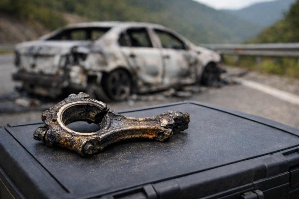 Perícia em biela quebrada para laudo de incêndio veicular na região do Alto da Serra do Botucaraí RS.