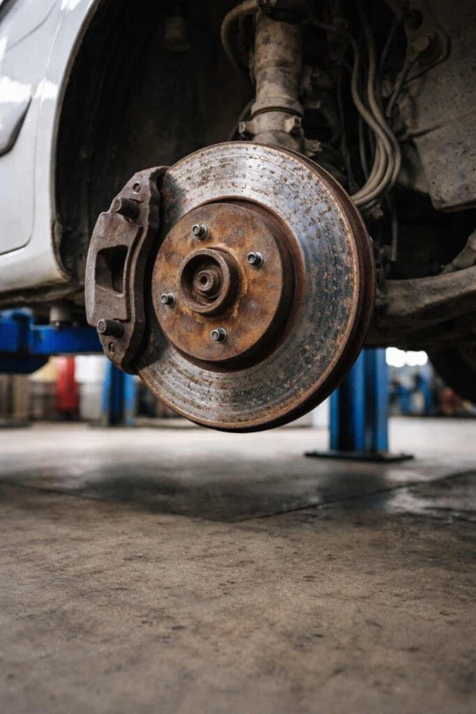 Imagem forense detalhada de uma perícia em freio a disco, ilustrando o desgaste excessivo e as marcas de oxidação em um veículo hatch inspecionado em oficina mecânica na cidade de Rio Grande RS.