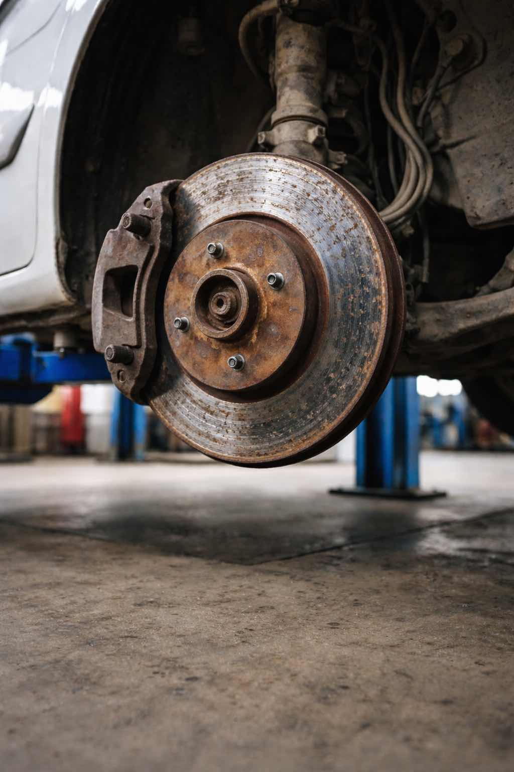 Imagem forense detalhada de uma perícia em freio a disco, ilustrando o desgaste excessivo e as marcas de oxidação em um veículo hatch inspecionado em oficina mecânica na cidade de Rio Grande RS.