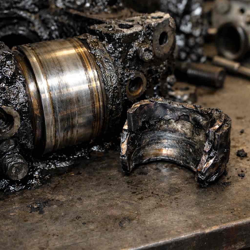 Fotografia forense de motor com falha de lubrificação, ilustrando as evidências de um travamento de motor diesel em Caxias do Sul RS.