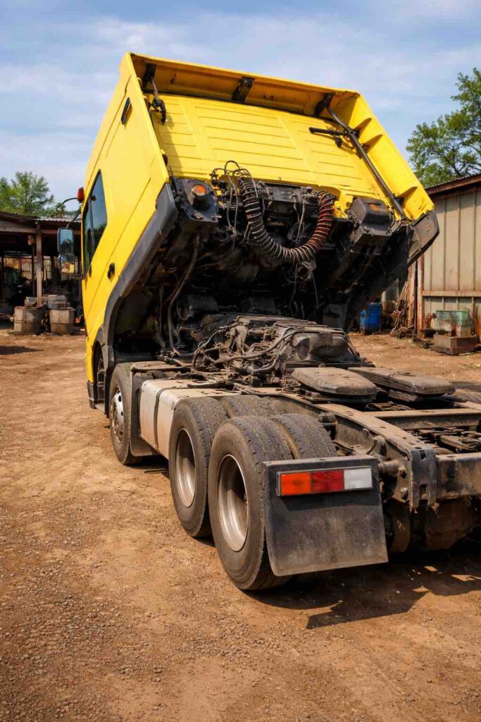 Fotografia forense demonstrando uma auditoria de manutenção em caminhão no pátio de uma oficina na cidade de Lajeado RS.