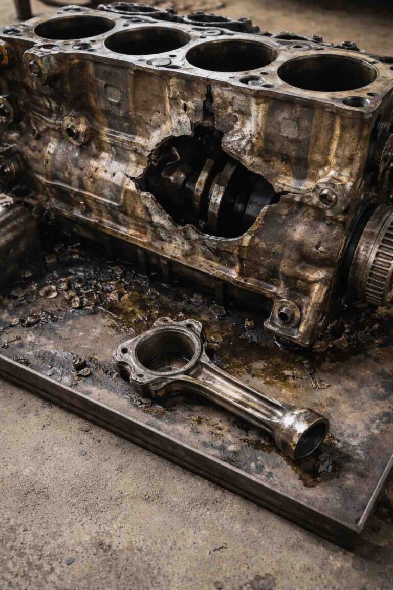 Fotografia forense detalhando a destruição severa de um motor a diesel e biela fraturada, ilustrando uma grave falha em bico injetor ocorrida em veículo na cidade de Formigueiro, RS