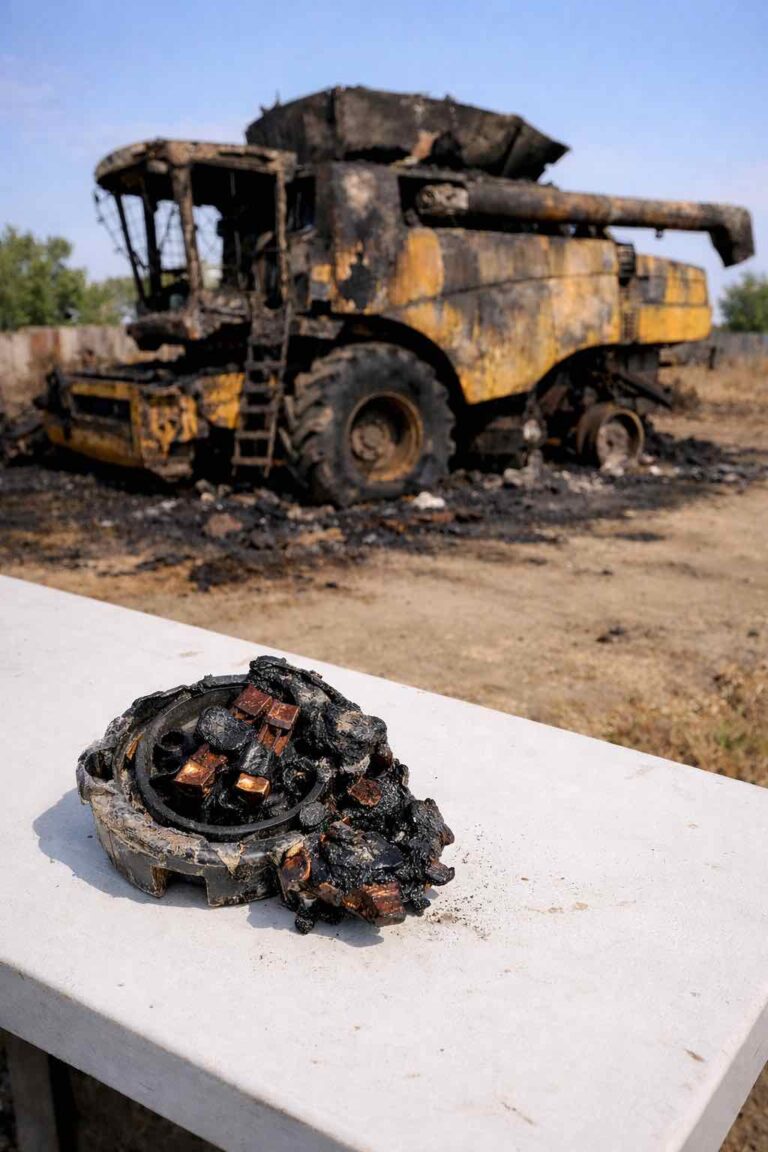 Perícia de incêndio em colheitadeira investigando falha elétrica em chave geral na cidade de Casca RS.