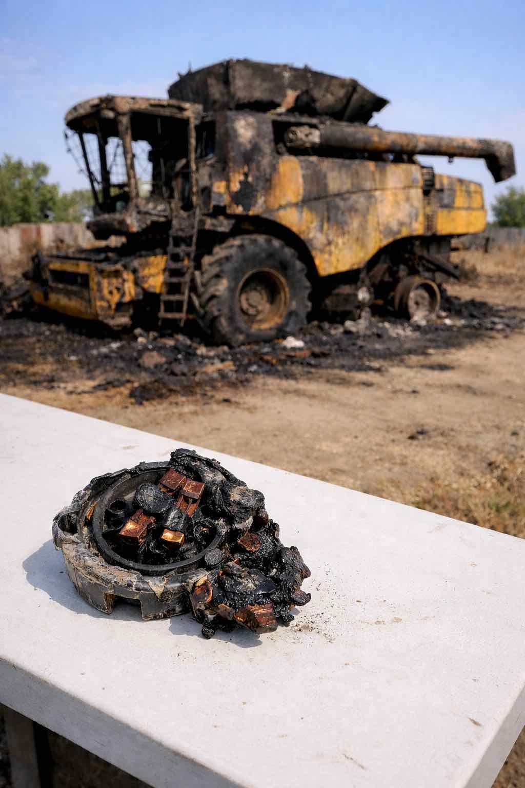 Perícia de incêndio em colheitadeira investigando falha elétrica em chave geral na cidade de Casca RS.