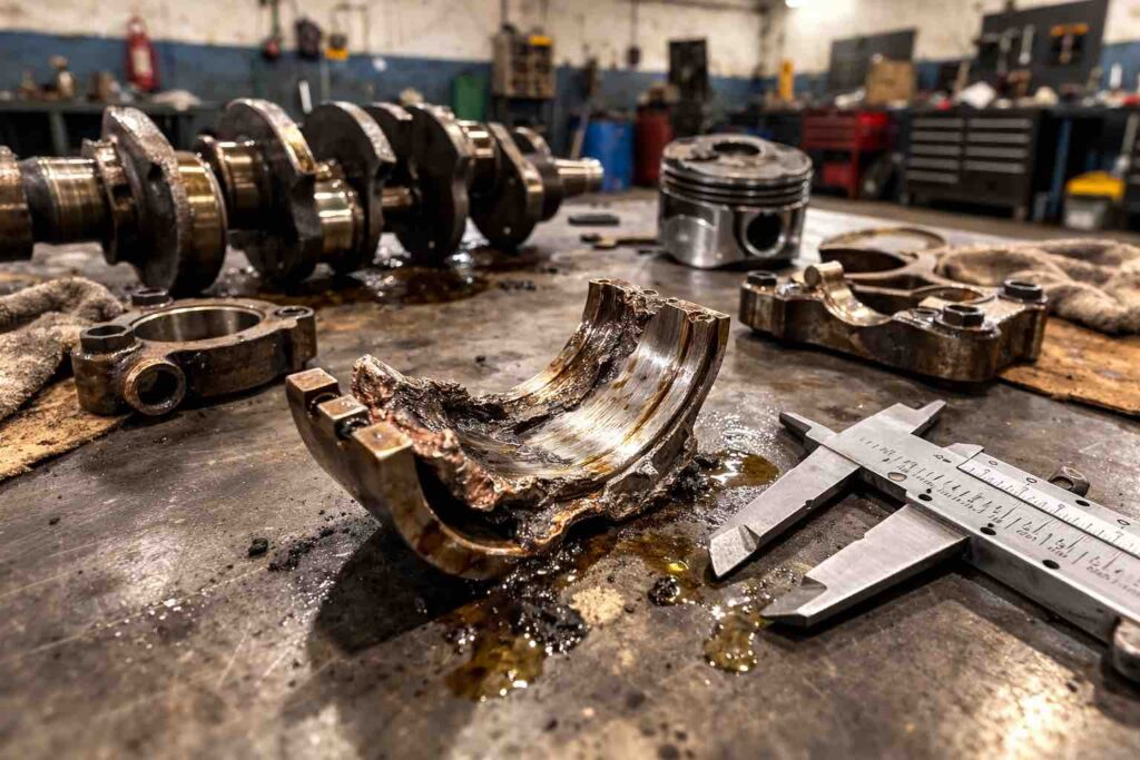 Fotografia detalhada de uma perícia em motor fundido em Pelotas RS, destacando uma bronzina do virabrequim derretida devido à falta de lubrificação no sistema mecânico.