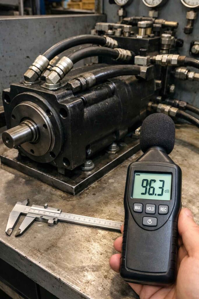 Fotografia forense realista do ensaio metrológico de uma perícia em motor hidráulico em uma linha de produção no Vale do Sinos, Novo Hamburgo, RS, evidenciando instrumentos técnicos sobre a bancada industrial.