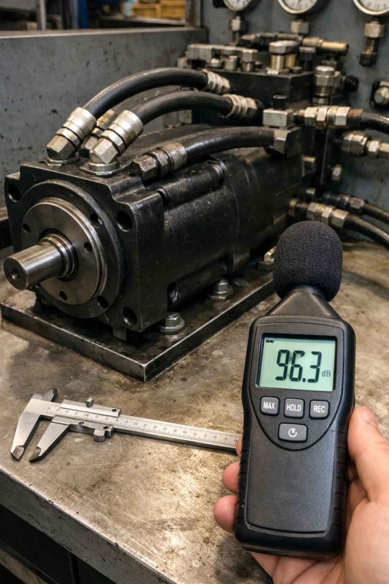 Fotografia forense realista do ensaio metrológico de uma perícia em motor hidráulico em uma linha de produção no Vale do Sinos, Novo Hamburgo, RS, evidenciando instrumentos técnicos sobre a bancada industrial.