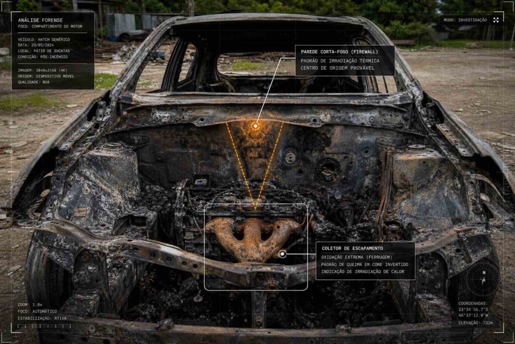 Fotografia forense com interface tecnológica detalhando as marcas de oxidação no motor durante uma perícia em carro incendiado na cidade de Canela, RS.