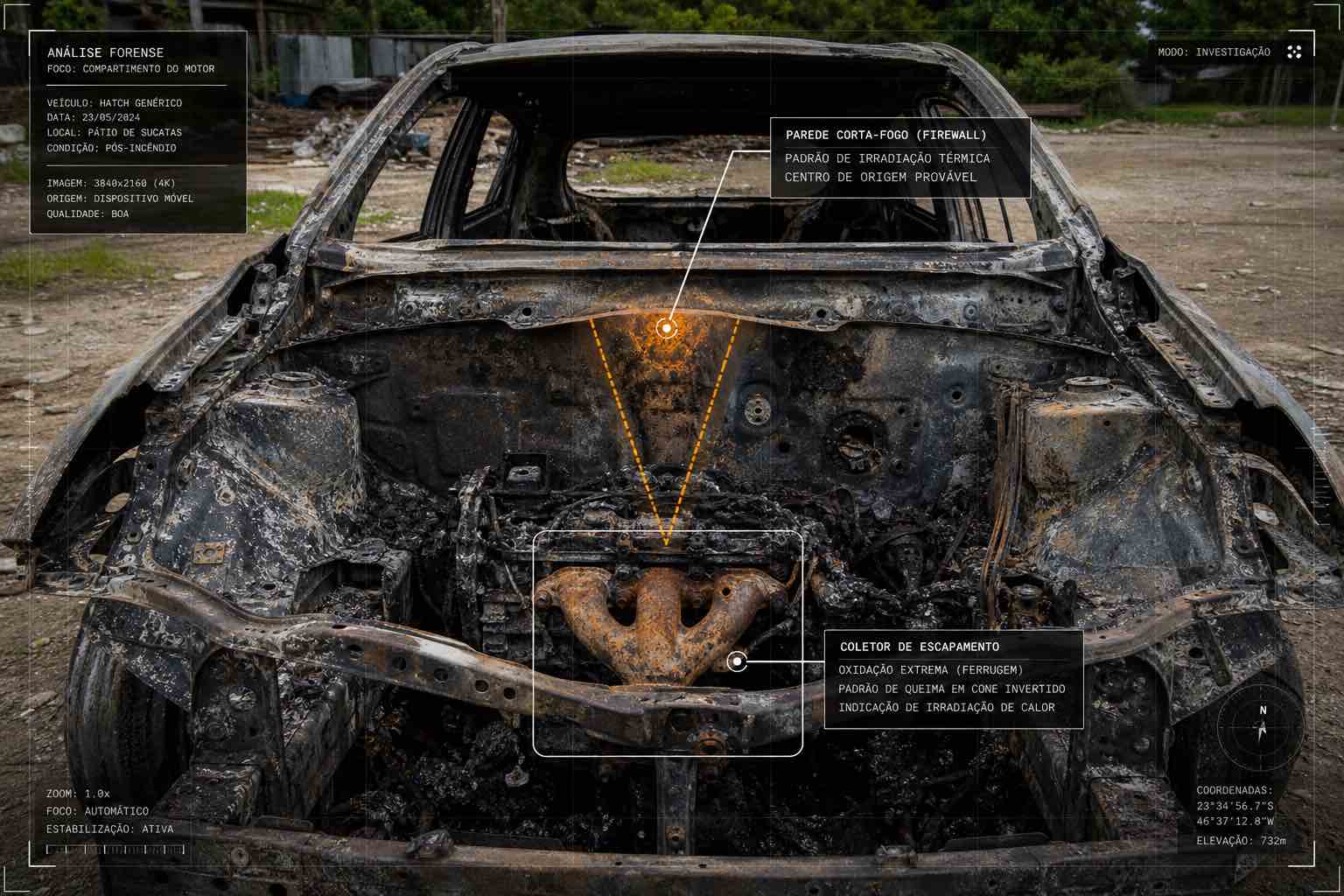 Fotografia forense com interface tecnológica detalhando as marcas de oxidação no motor durante uma perícia em carro incendiado na cidade de Canela, RS.