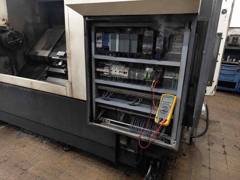 Fotografia de um painel elétrico aberto revelando módulos eletrônicos de acionamento em curto-circuito, registro feito durante uma perícia em torno CNC em Sapiranga RS.