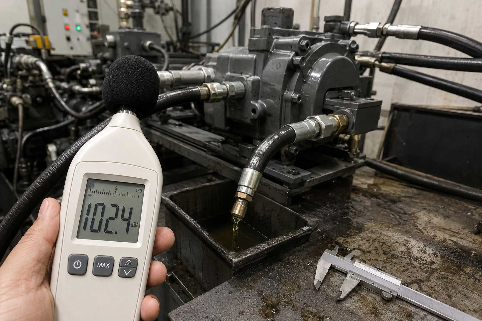 Fotografia forense realista em bancada de testes evidenciando um defeito em motor hidráulico com decibelímetro apontando alto ruído insalubre na indústria em Novo Hamburgo RS.
