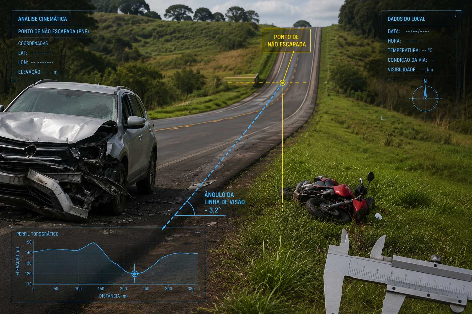 Laudo e perícia de acidente com moto evidenciando a topografia de rodovia em Presidente Venceslau SP.