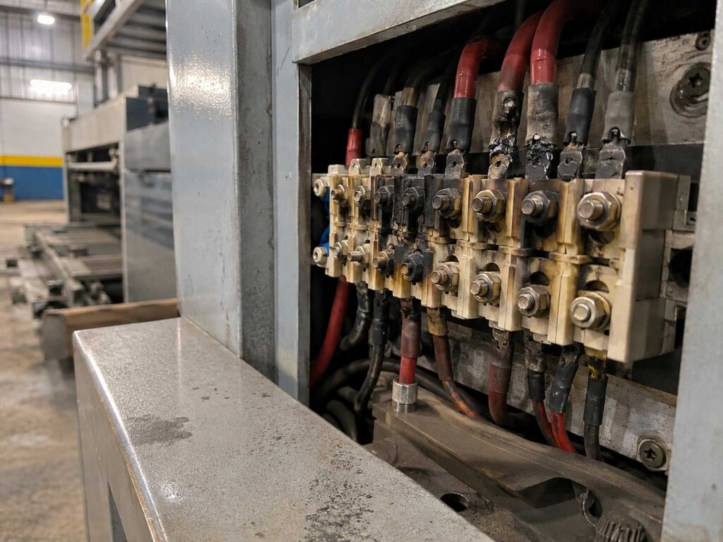 Imagem realista ilustrando uma perícia em máquina termoformadora na cidade de Cascavel PR, com destaque para barramentos elétricos superaquecidos e falhas na segurança industrial.