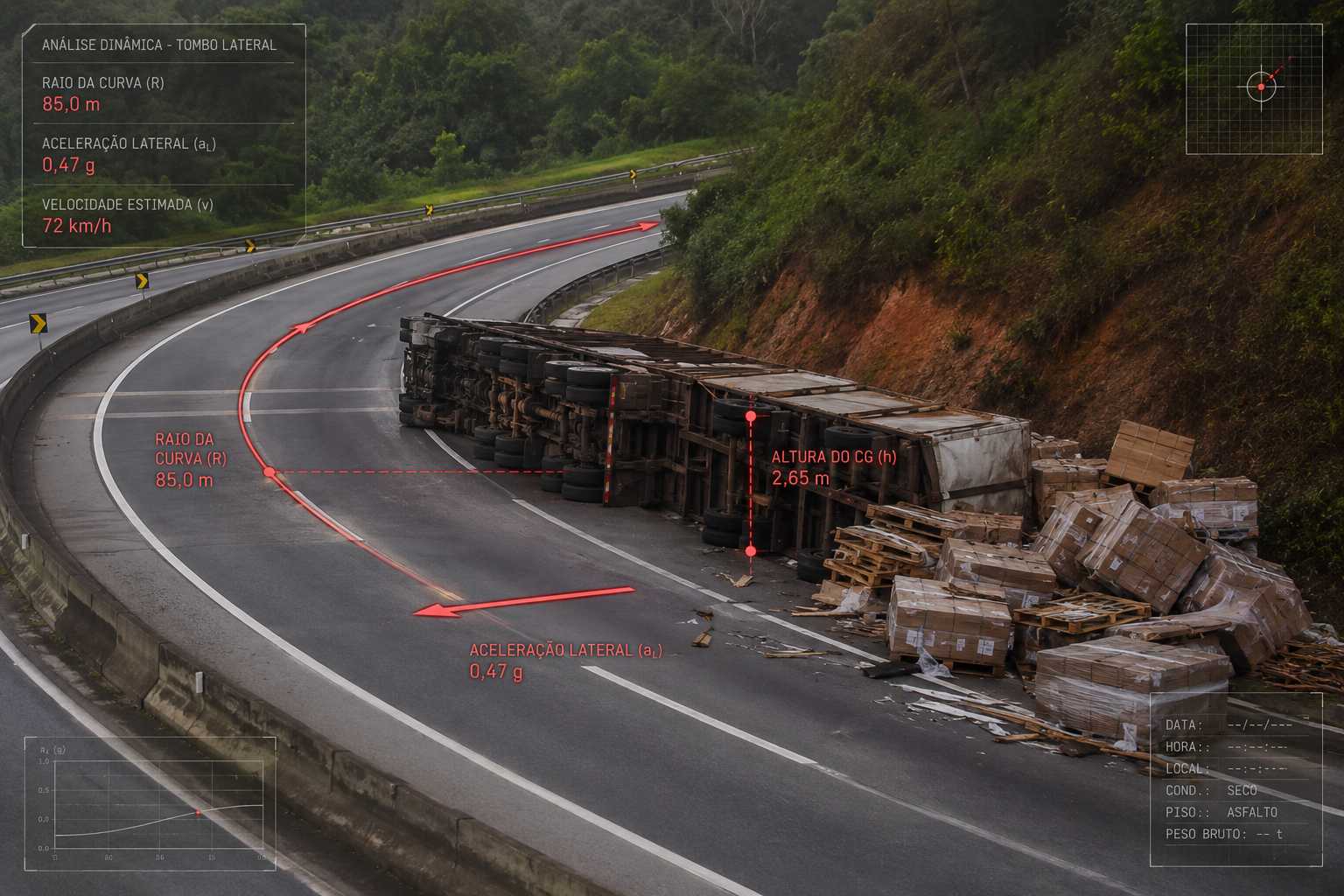 Fotografia forense de uma perícia em tombamento de rodotrem em curva de rodovia de pista dupla em Imbaú PR.