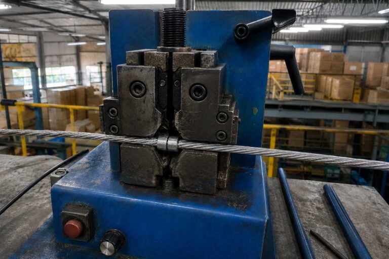 Fotografia forense realista de uma inspeção técnica para avaliar um vício oculto em máquina industrial de solda a frio, evidenciando o desgaste de peças e o paquímetro. Trabalho pericial realizado na cidade de Lajeado, RS.